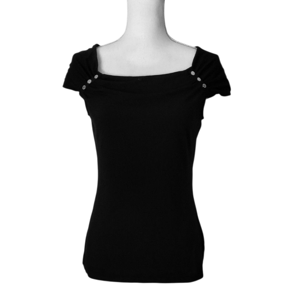 White House Black Market Black Cap Sleeve T-Shirt With Decorative Buttons Size M